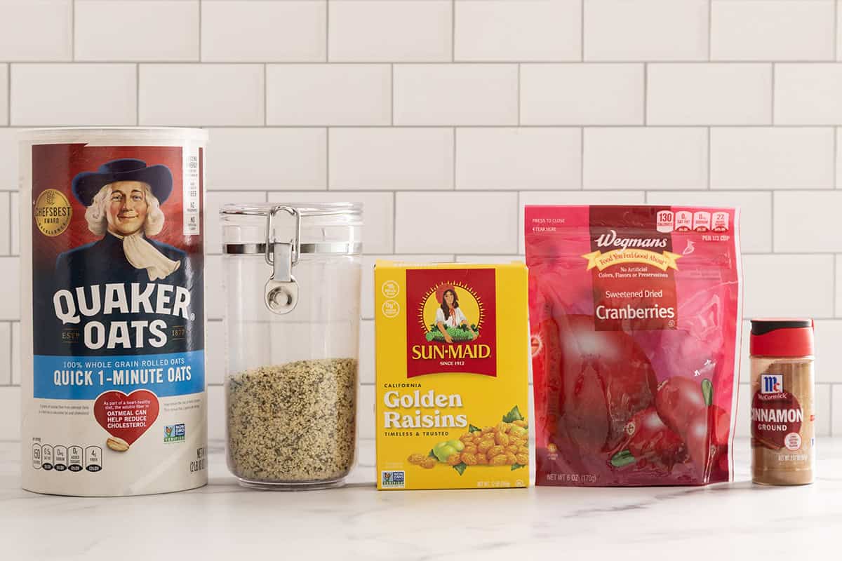 Ingredients for instant oatmeal on countertop.