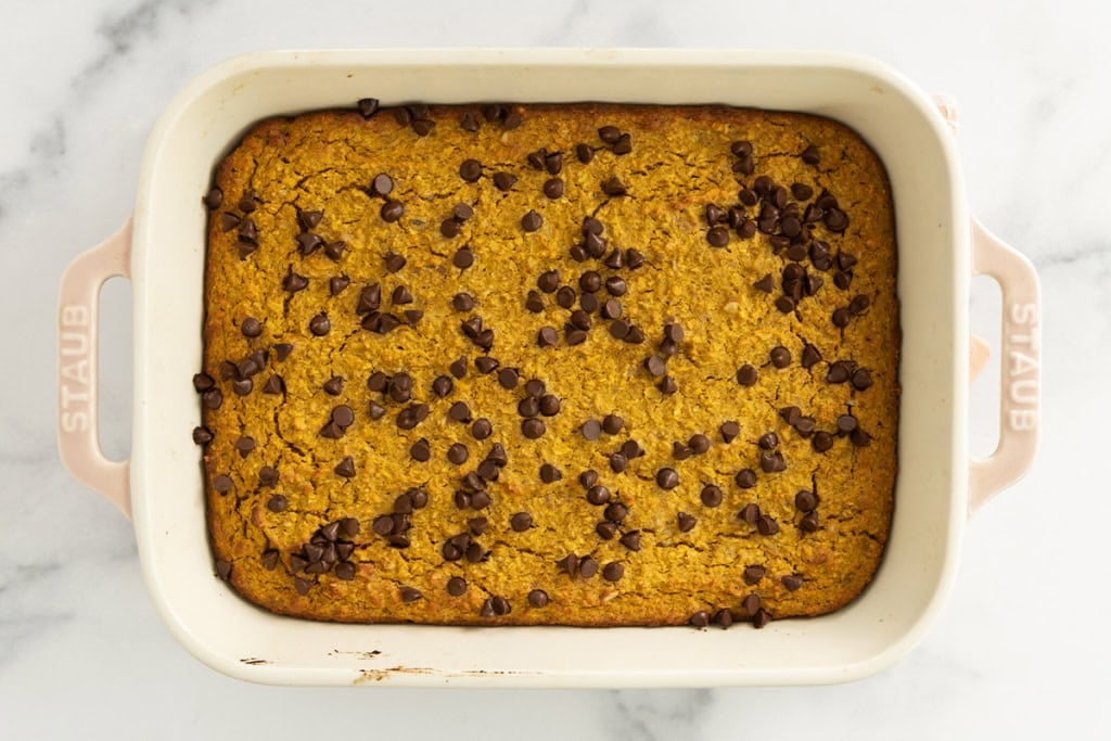 Pumpkin baked oatmeal in white pan after baking.