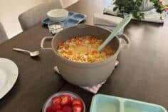 chicken soup in gray pot.