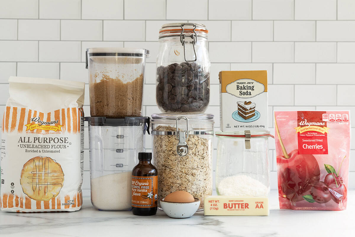 Ingredients for cherry chocolate chip cookies on countertop.