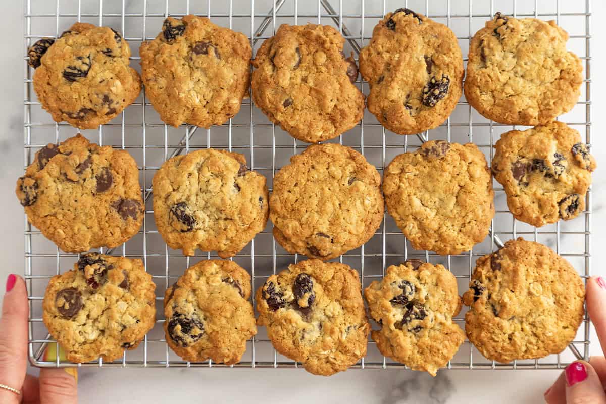 Cherry chocolate chip cookies on cooling rack.