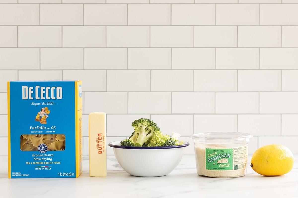 Ingredients for lemon broccoli pasta on countertop.