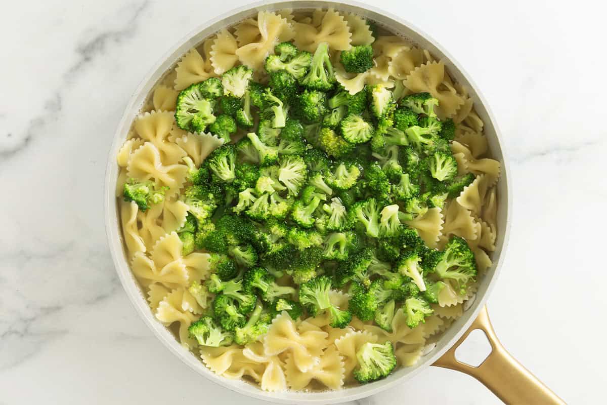 Broccoli and pasta in pot before mixing.