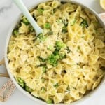Lemon broccoli pasta in pot with spoon.