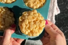 frozen mac and cheese in freezer tray.