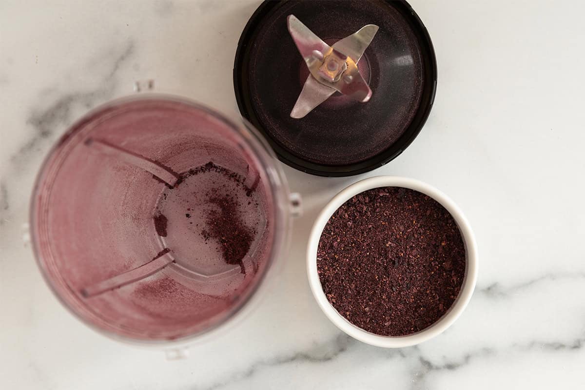 Blueberries ground up by a food processor.