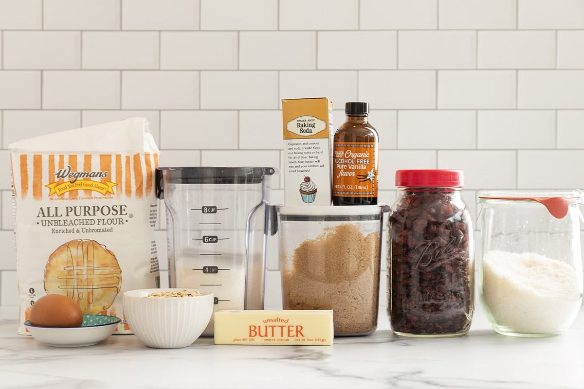 Ingredients for cranberry oatmeal cookies.