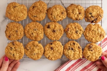 Cranberry oatmeal cookies on cooking rack.