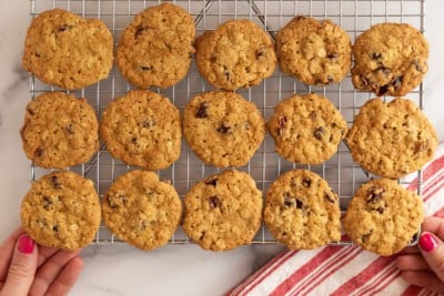 Cranberry oatmeal cookies on cooking rack.