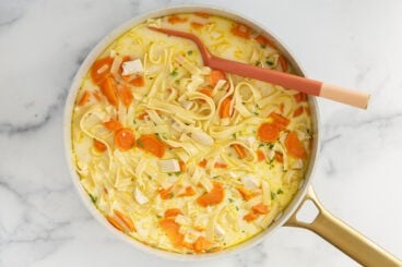 creamy chicken noodle soup in pot.