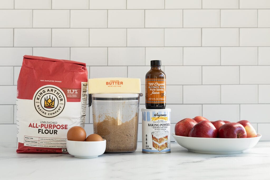 ingredients in easy apple cake on counter.