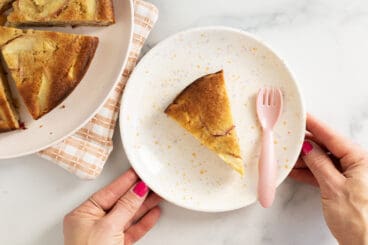easy apple cake slice with pink fork.
