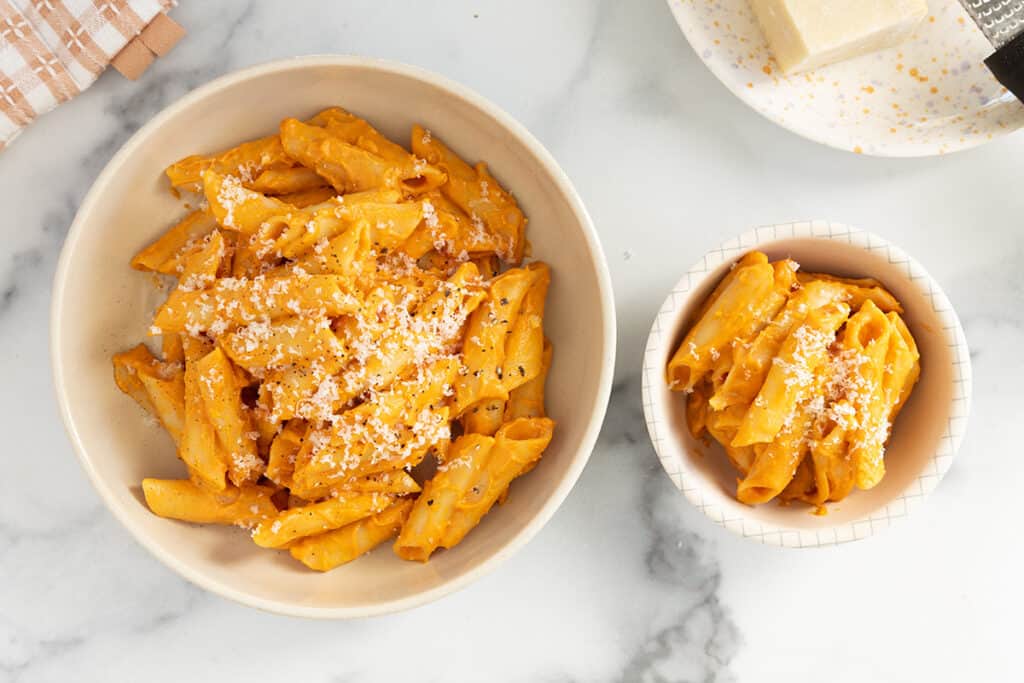 roasted vegetable pasta sauce in bowls on counter.