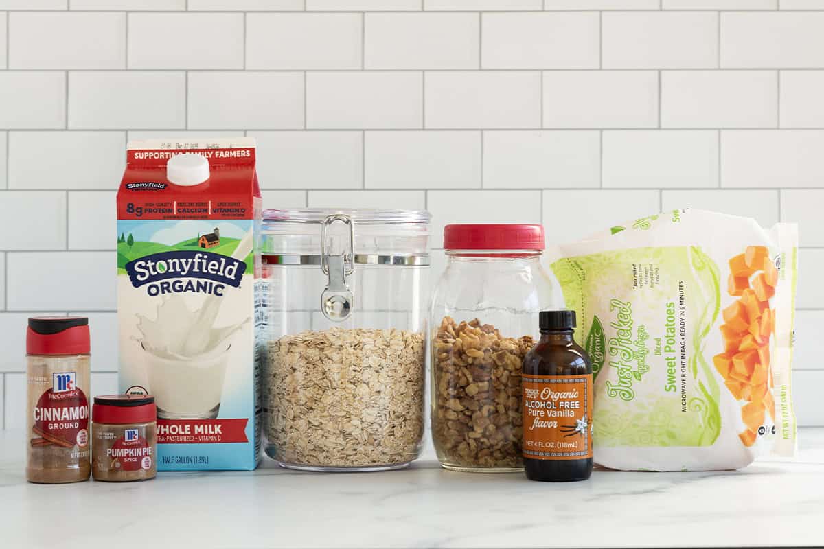 Ingredients for sweet potato oatmeal on countertop.