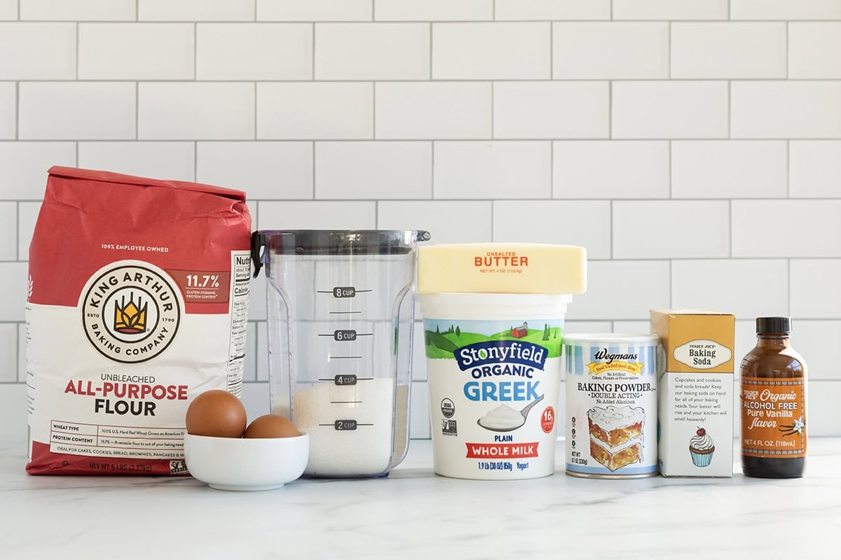 Ingredients for yogurt cupcakes on countertop.