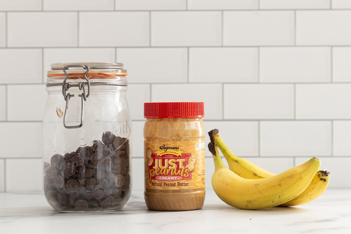 Ingredients for banana bites on countertop.