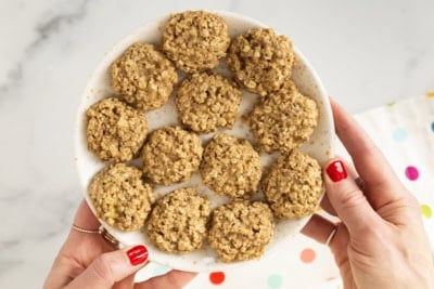 Banana oatmeal cookies on white plate.