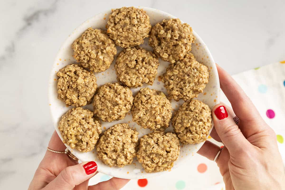 Banana oatmeal cookies on white plate.