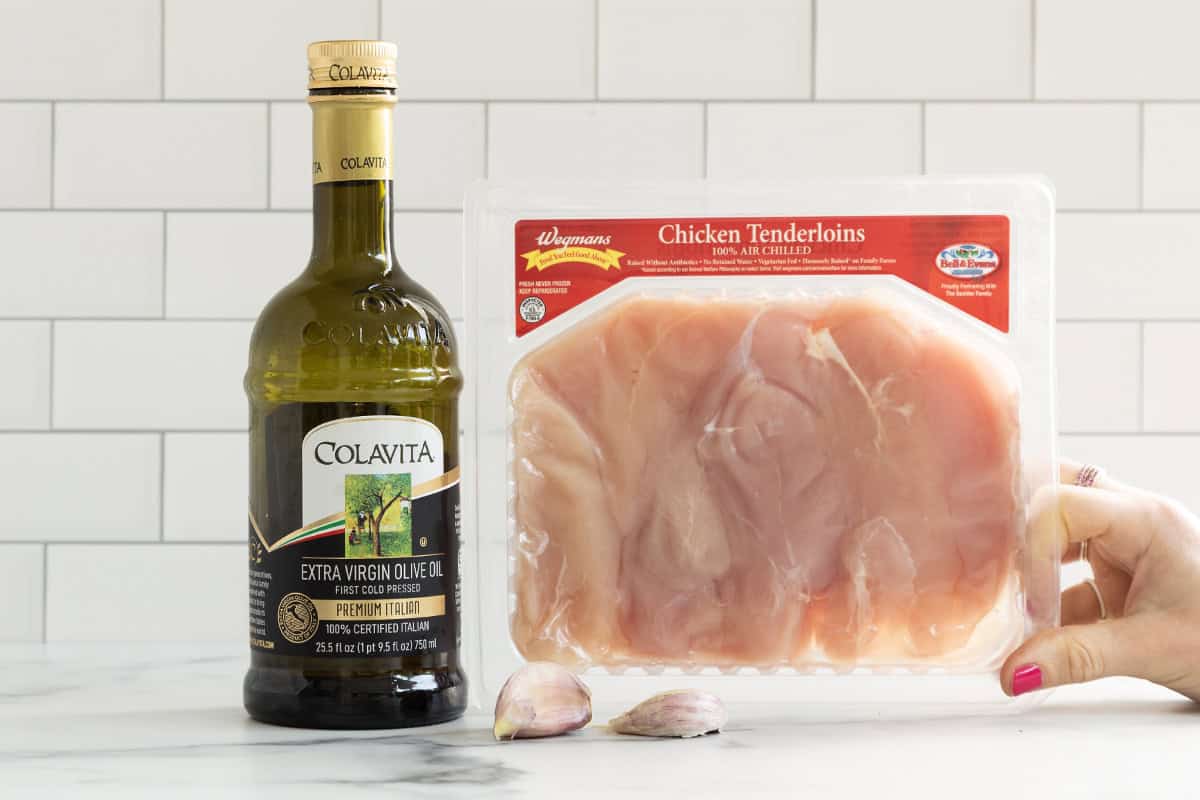 Ingredients for pan seared chicken on countertop.