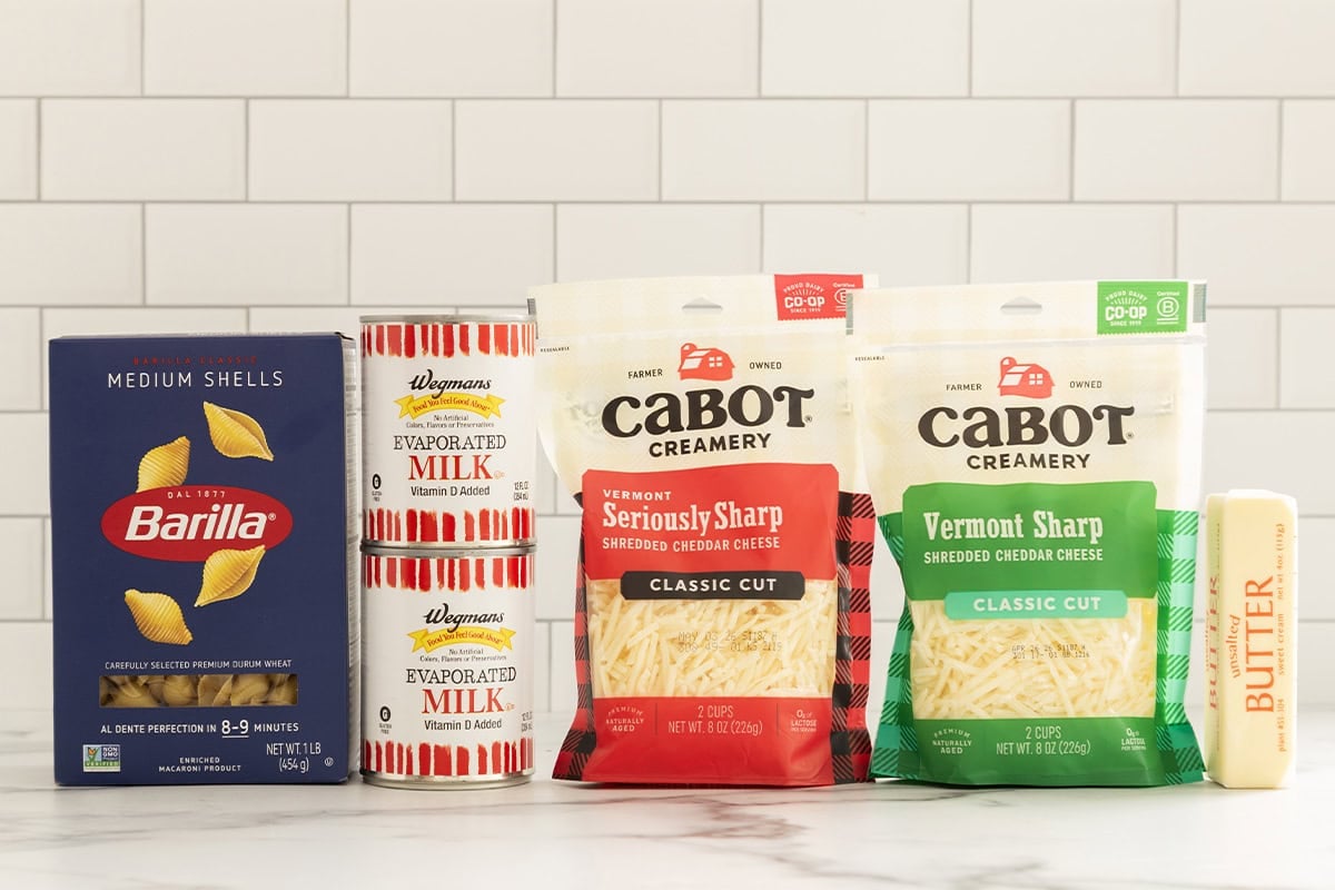 Ingredients for mac and cheese on countertop.