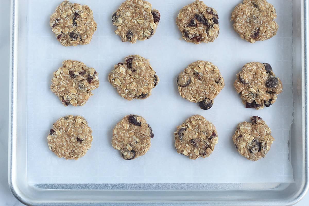 flattened oatmeal chocolate chip cookie dough on baking sheet.