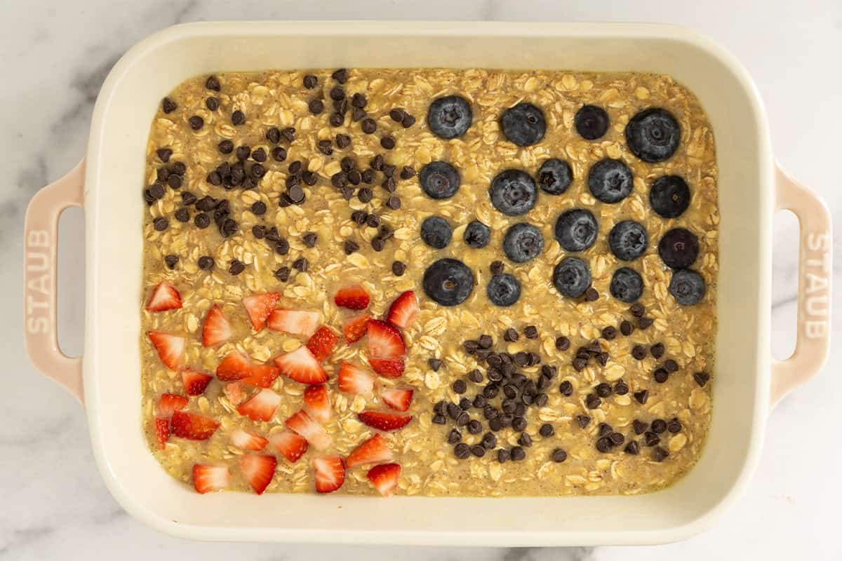 Baked oatmeal bars in pan before baking.