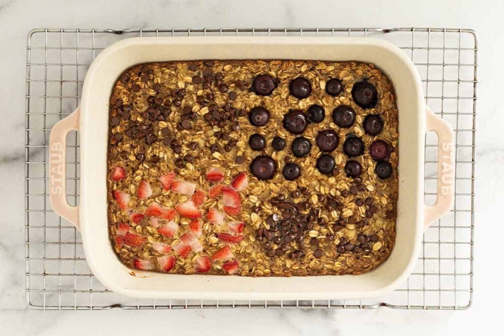 Baked oatmeal bars in pan after baking.