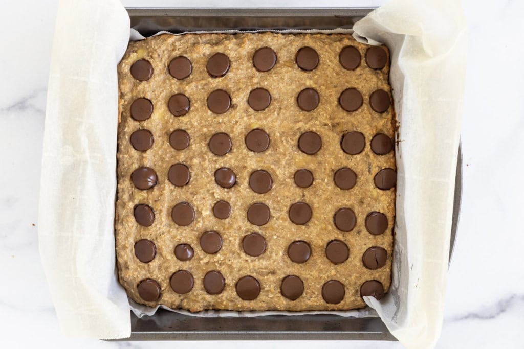 Banana oatmeal bars in pan after baking.