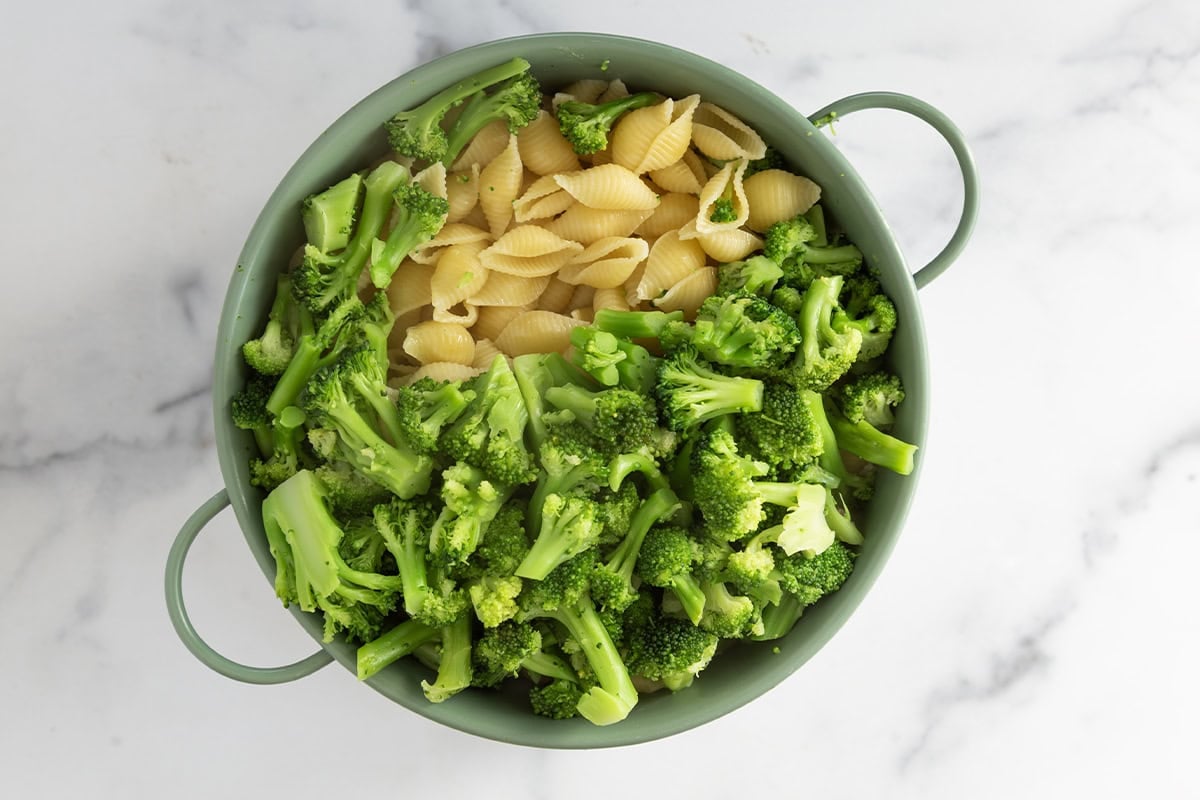 Broccoli and noodles in pot for broccoli cheddar pasta.