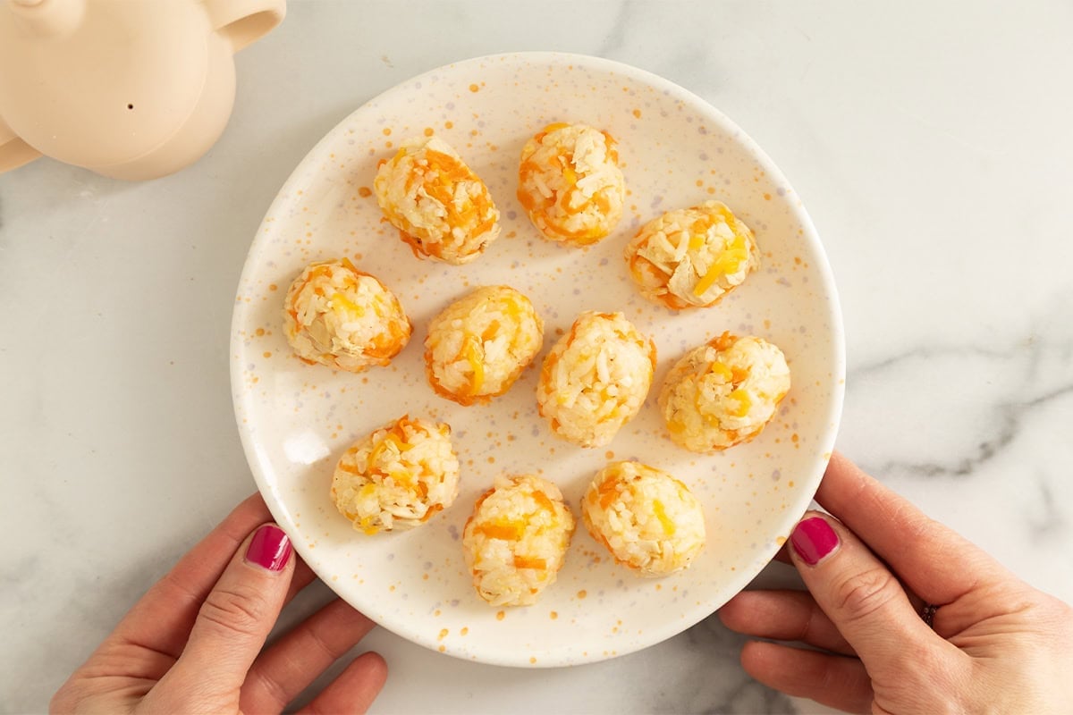 Hands holding white plate of chicken and rice balls.