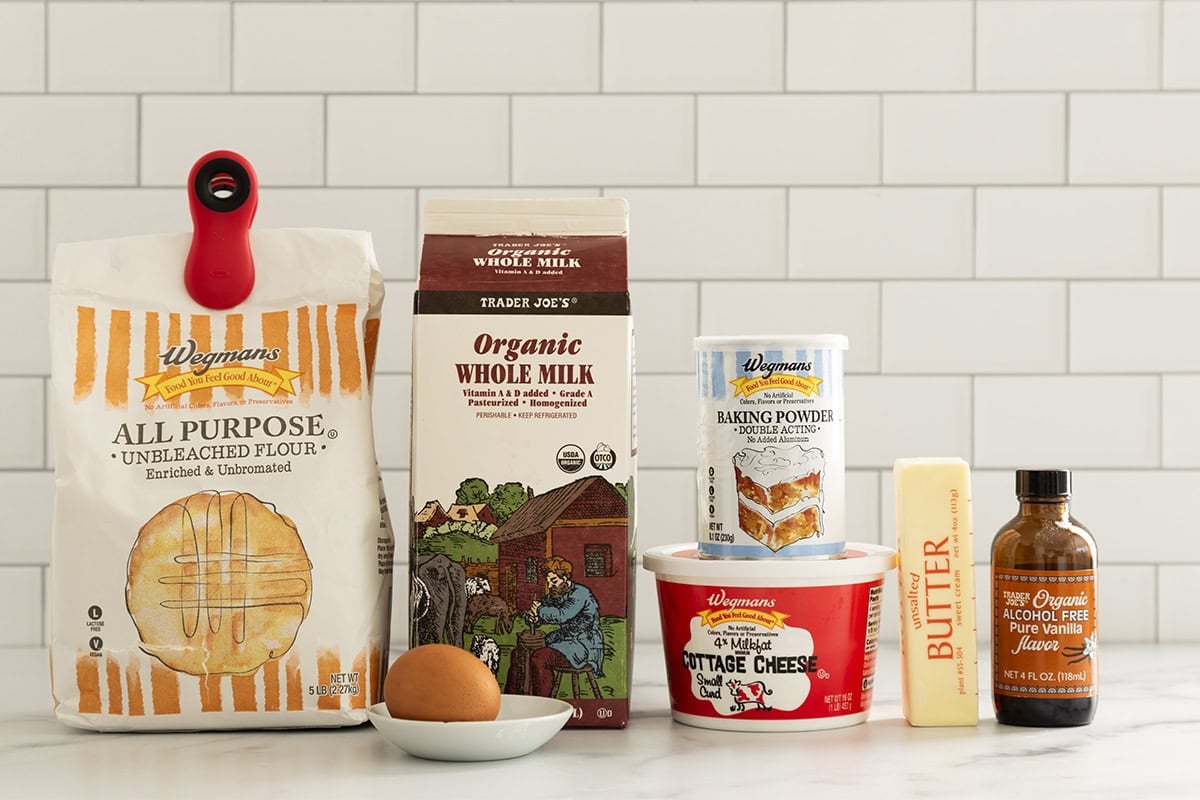 Ingredients for cottage cheese waffles on countertop.