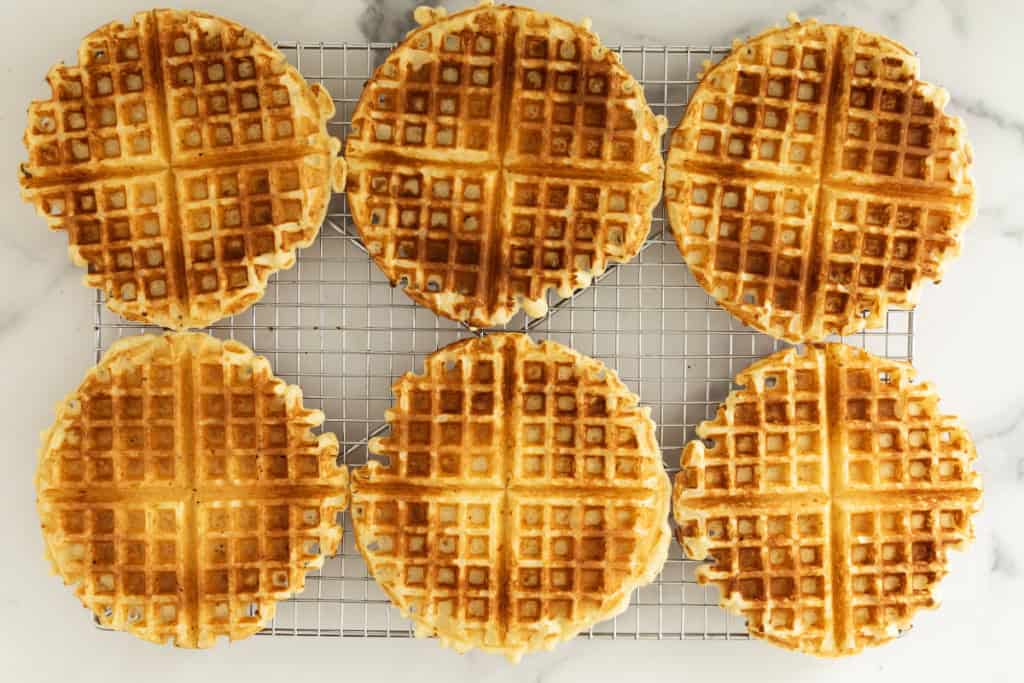 Cottage cheese waffles on cooling rack.
