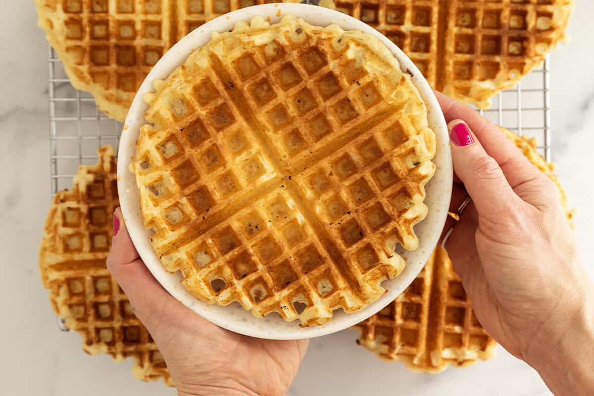 Cottage cheese waffle on white plate.
