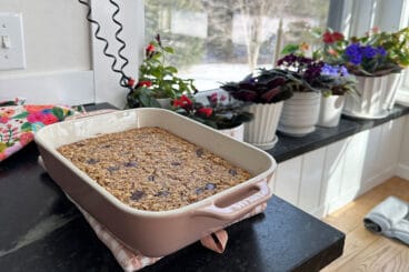 baked oatmeal in baking pan on counter.