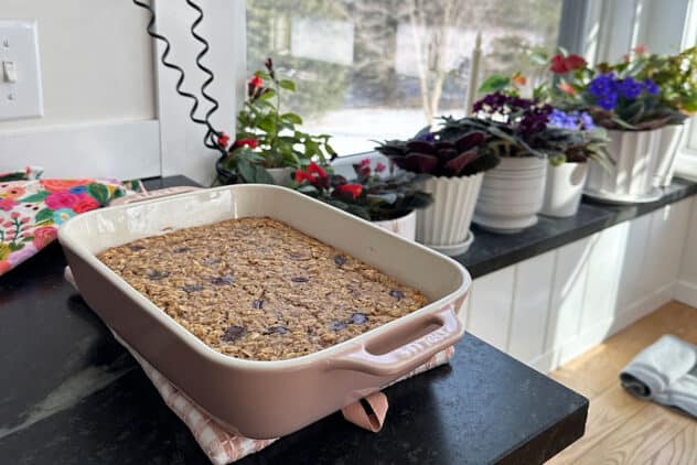 baked oatmeal in baking pan on counter.