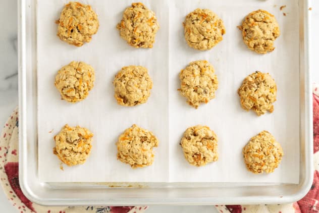 Carrot oatmeal cookies on baking sheet.