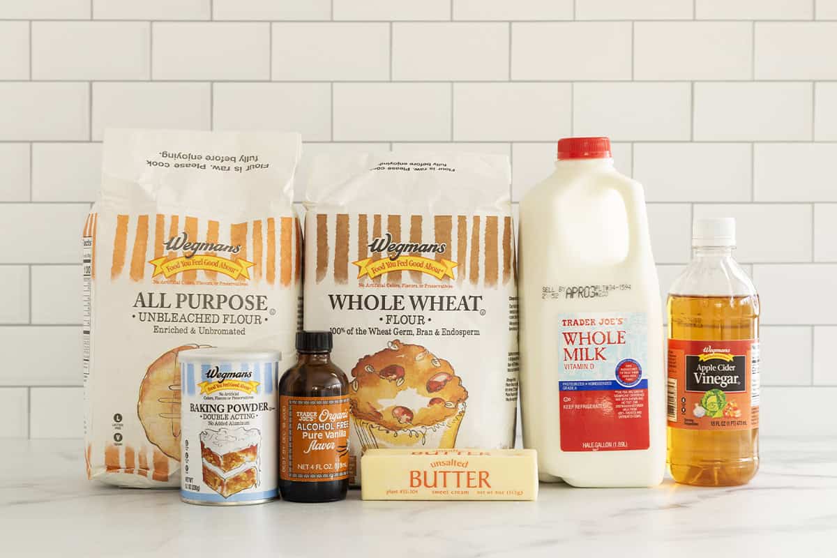 Ingredients for pancakes without eggs on countertop.
