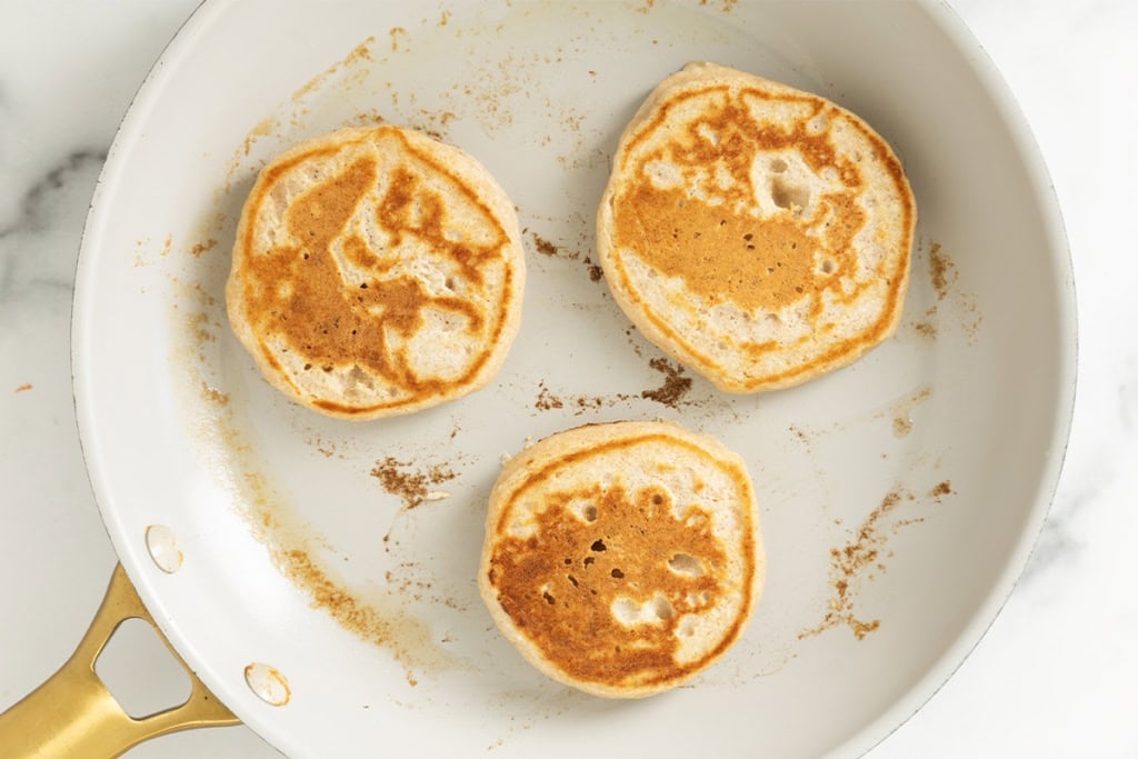 Pancakes without eggs in frying pan.