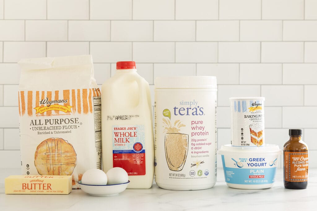 ingredients in protein waffles on countertop.