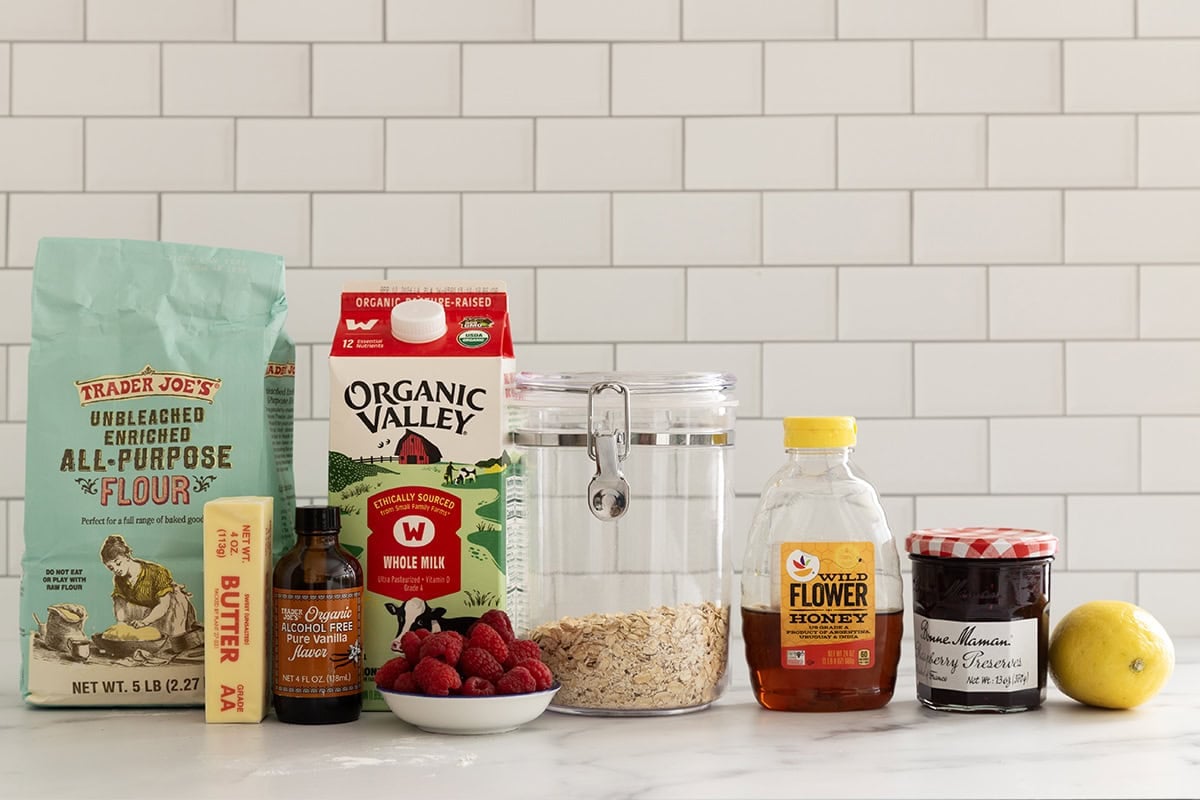 Ingredients for raspberry oatmeal bars on countertop.