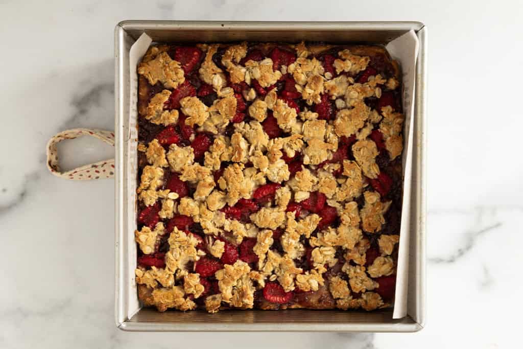 Raspberry oatmeal bars after baking.