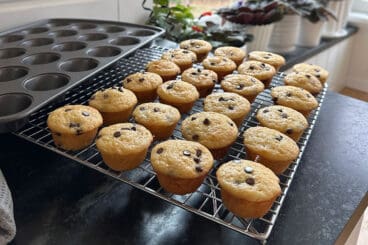 mini chocolate chip muffins on counter.
