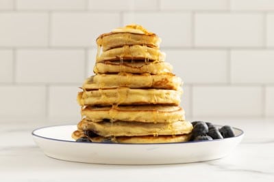 Stack of blueberry banana pancakes.