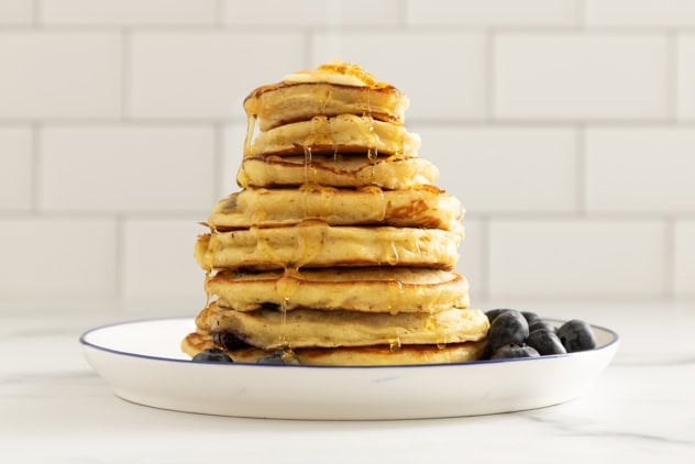 Stack of blueberry banana pancakes.