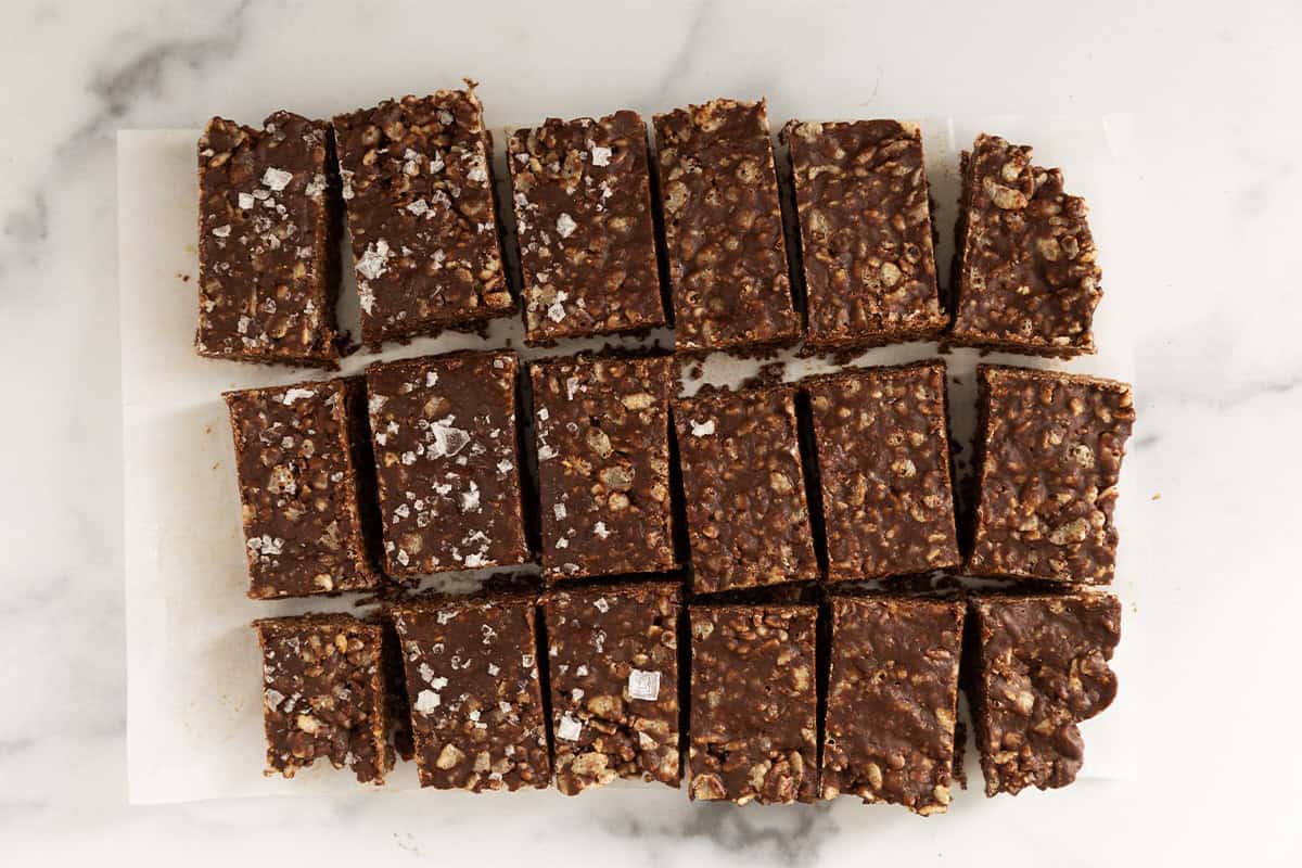 Chocolate crunch bars cut into squares.