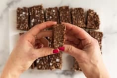 Hands holding chocolate crunch bar.