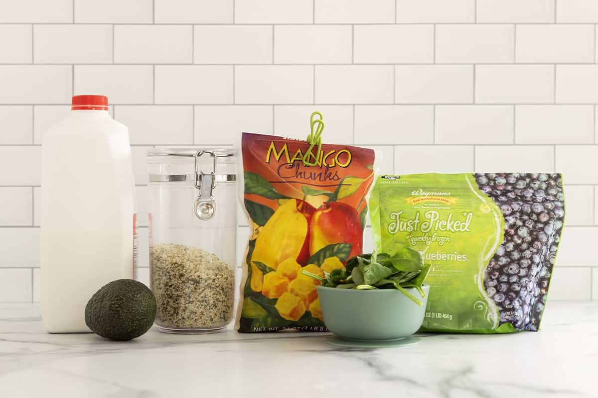 Ingredients for hi fiber smoothie on countertop.