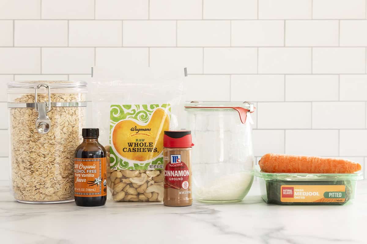 Ingredients for carrot balls on countertop.