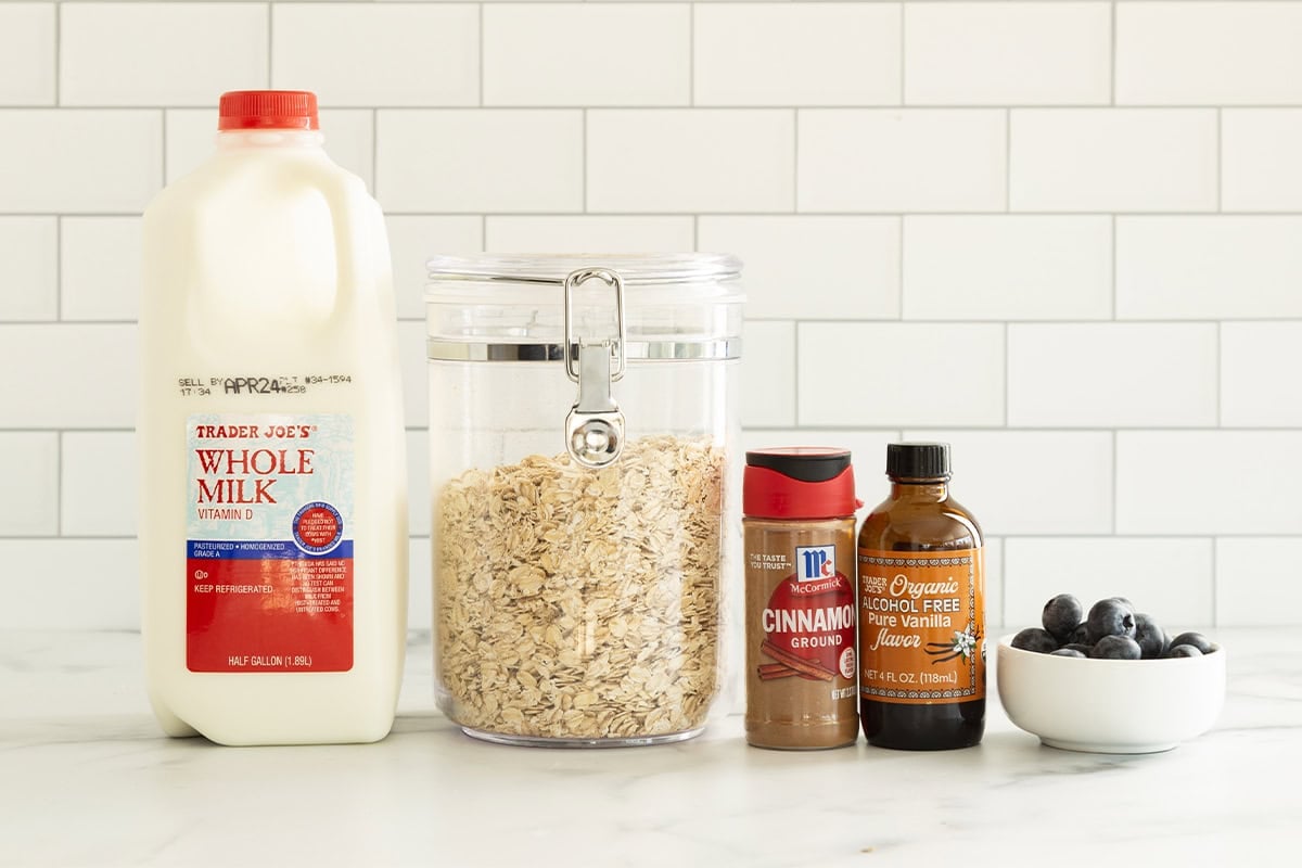 Ingredients on countertop for blueberry oatmeal.