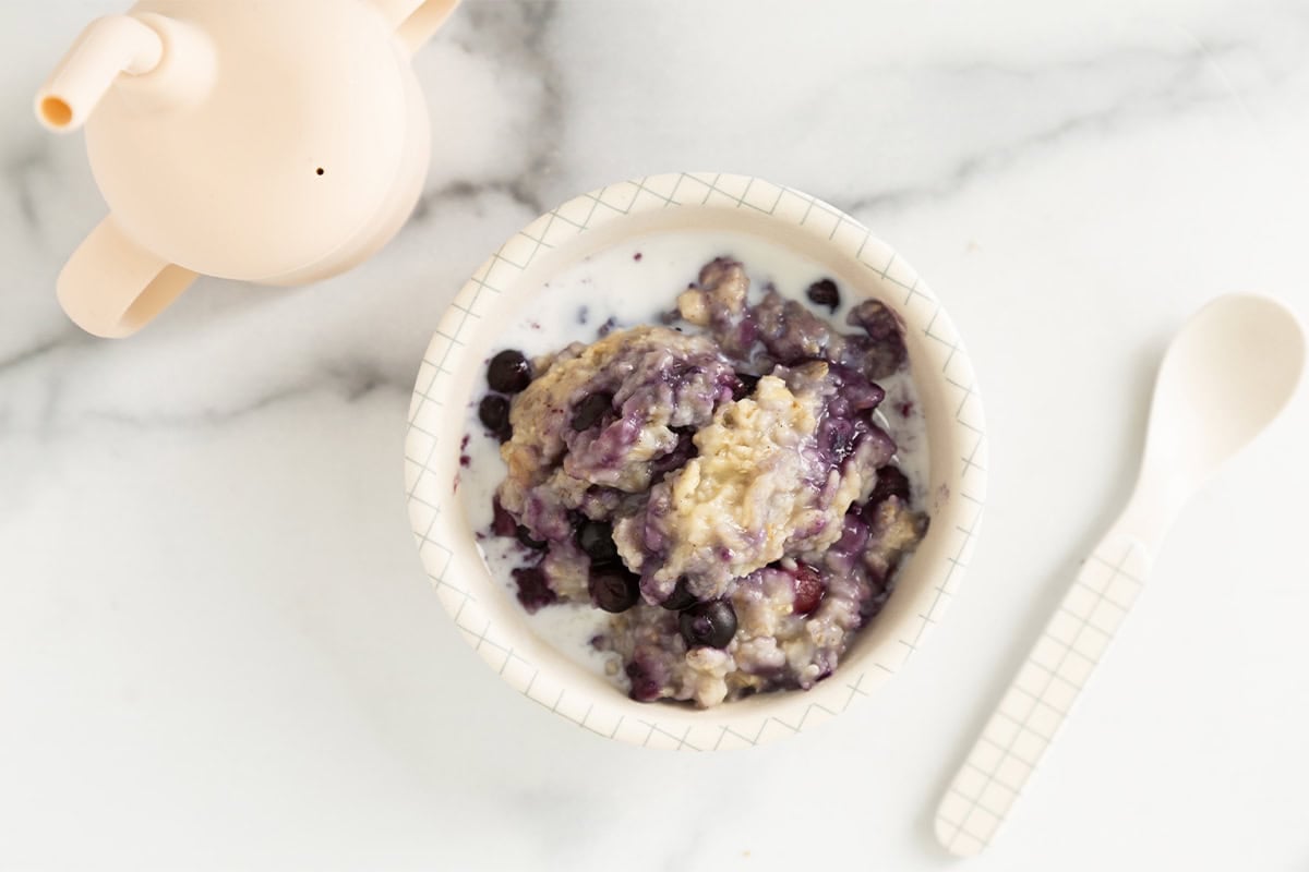 Blueberry oatmeal in white bowl with milk.